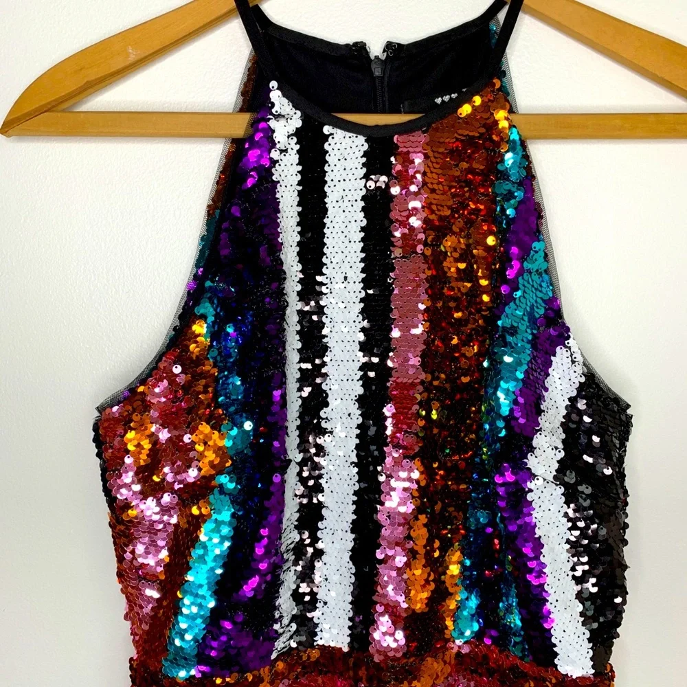 TFNC London Short Full Sequin Halter Multicolor PROM Club Rave